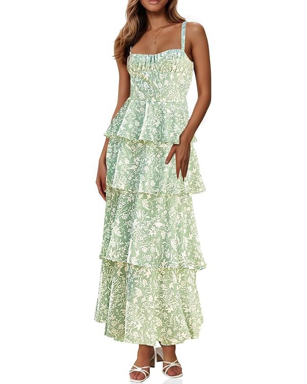 Fisoew Womens Floral Maxi Dresses Spaghetti Strap Casual Sleeveless Ruffle Flowy Tiered Dress | Amazon (US)