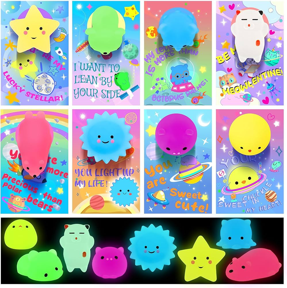 32 Pack Valentines Day Cards with Cute Mochi Squishy Toys, Glow in The Dark Kawaii Mini Squishies... | Amazon (US)