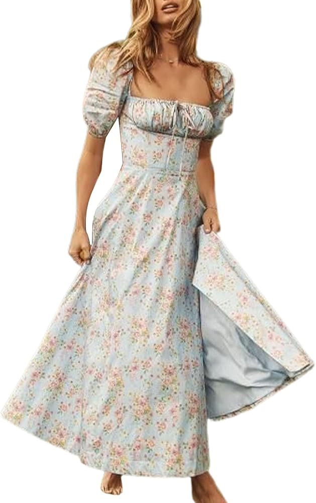 Amazon.com: Women's Women'S Sexy Side Split Plus Size Wrap Maxi Dress Puff Sleeve Floral Print Pa... | Amazon (US)