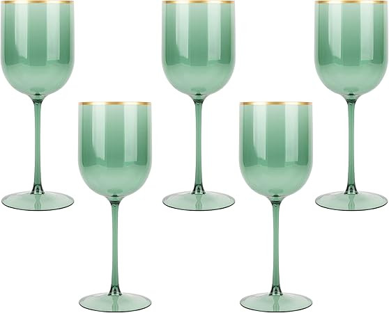 PLASTICPRO Green Wine Cup with Gold rim Plastic Wine Glasses Set of 5 Elegant Wine Goblets Hard P... | Amazon (US)