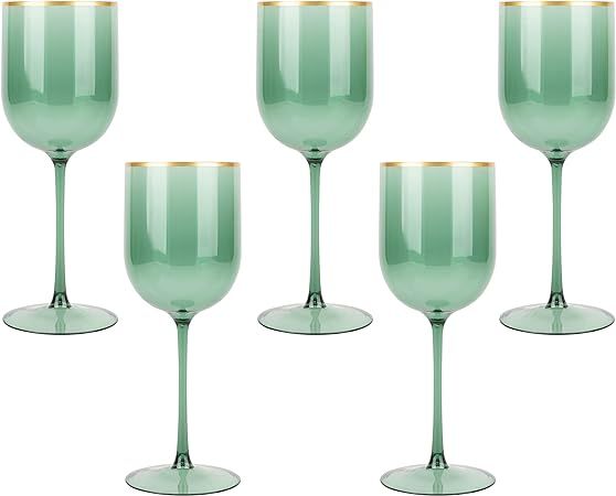 PLASTICPRO Green Wine Cup with Gold rim Plastic Wine Glasses Set of 5 Elegant Wine Goblets Hard P... | Amazon (US)