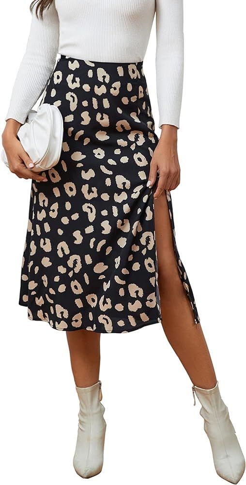 LYANER Women's Casual Boho Printed High Waist Side Split Hem Zipper Midi Skirt | Amazon (US)