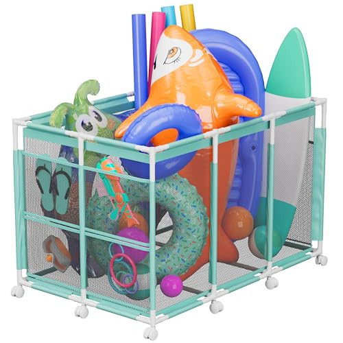 POOLHOUR Pool Float Storage – Outdoor Pool Toy Storage Organizer for Pool Noodles, Toys, Floats, Balls, and Equipment, Mesh Rolling Storage Organizer Bin, Cyan | Amazon (US)