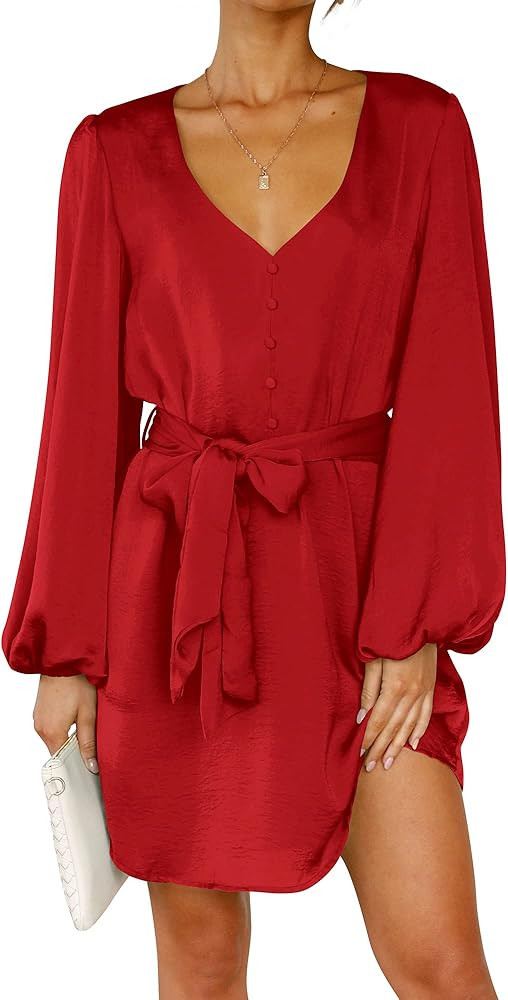 PRETTYGARDEN Women's Long Puff Sleeve Satin V Neck Cocktail Party Belted Short Formal Dresses    ... | Amazon (US)