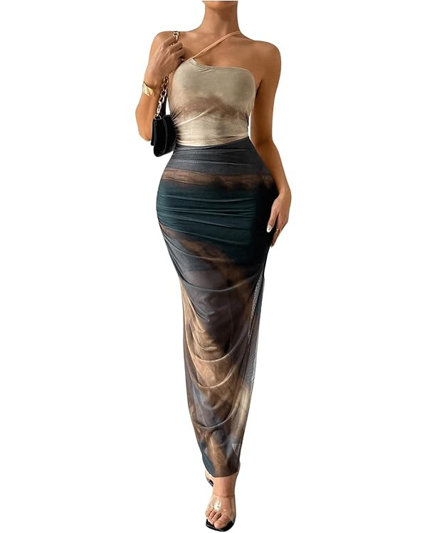 Women's Tie Dye One Shoulder Sleeveless Mesh Dress Ombre Ruched Split Thigh Bodycon Dresses | Amazon (US)