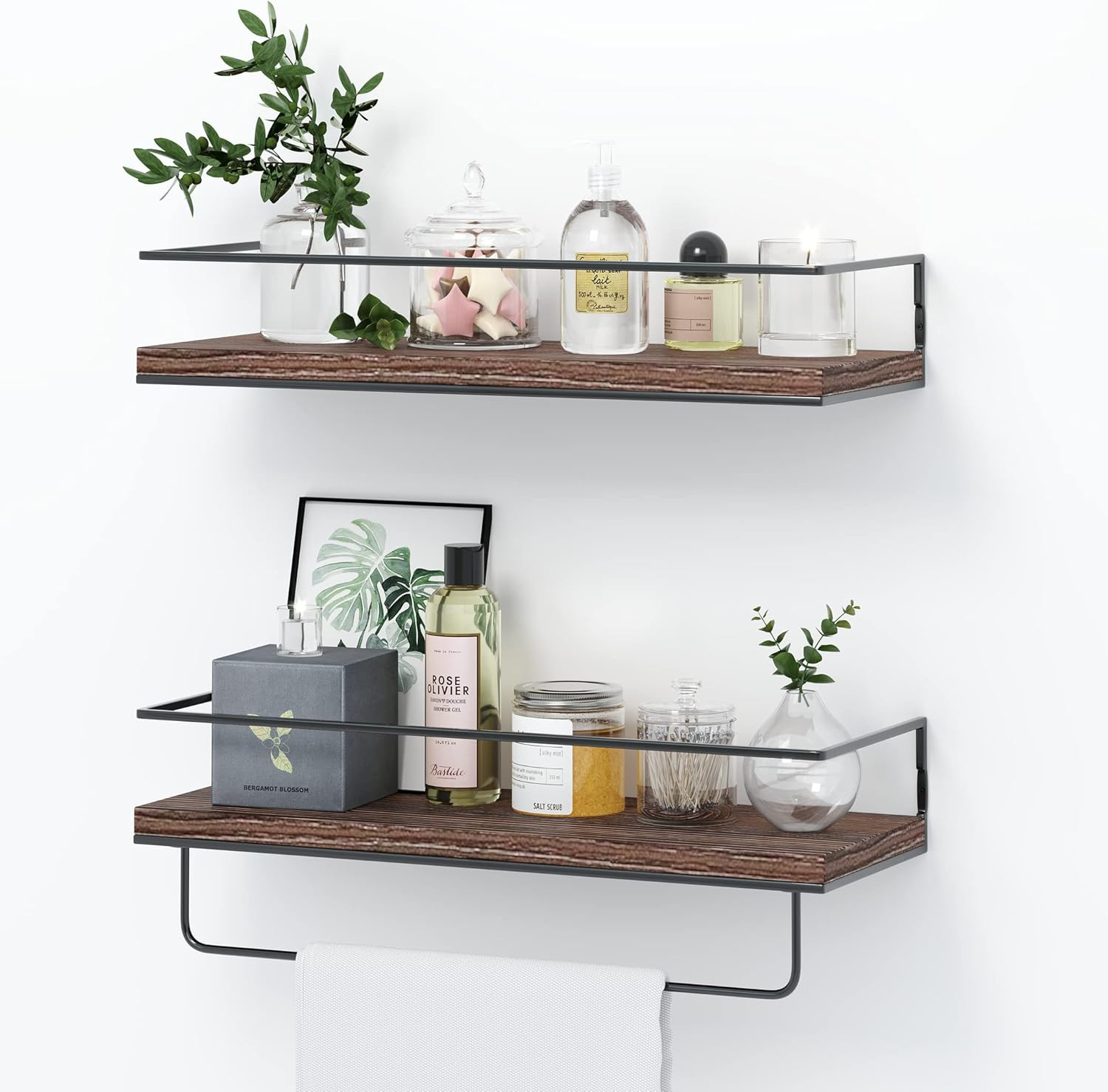 SHARIO Rustic Wood Floating Shelves - Set of 2, Wall Mounted Hanging Shelves with Black Towel Rac... | Amazon (US)