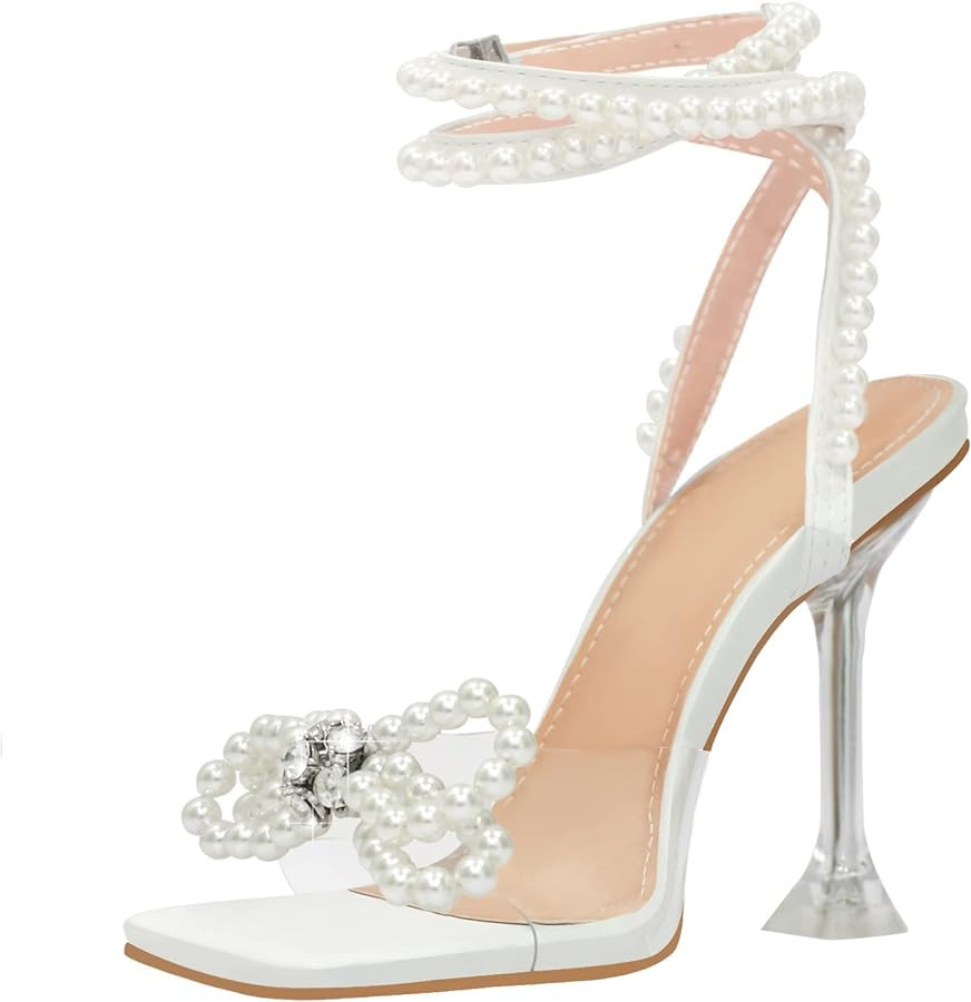 Yolkomo Women's Square Toe Clear Heels Sexy Rhinestone Bow Heels Open Toe Ankle Strap Stiletto Hi... | Amazon (US)