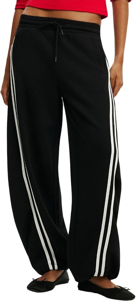 Women Barrel Sweatpants Side Stripe Drawstring Casual Running Slouchy Palazzo Cotton Lounge Pants... | Amazon (US)