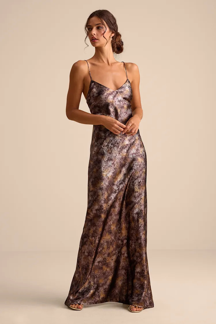 Sheeva Shiny Brown Multi Abstract Satin Lace-Up Maxi Dress | Lulus