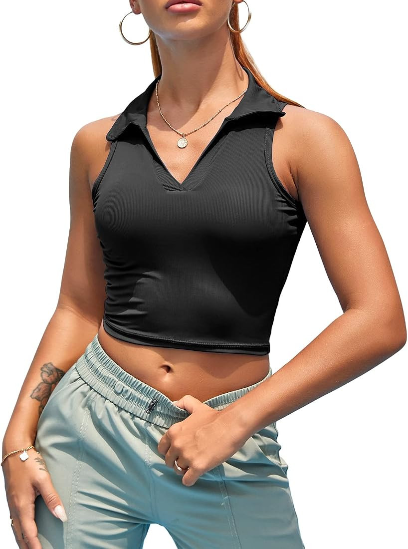 Women Workout Crop Top Built in Bra Ribbed Athletic Tank Tops Casual Sleeveless Collar Shirts Pad... | Amazon (US)