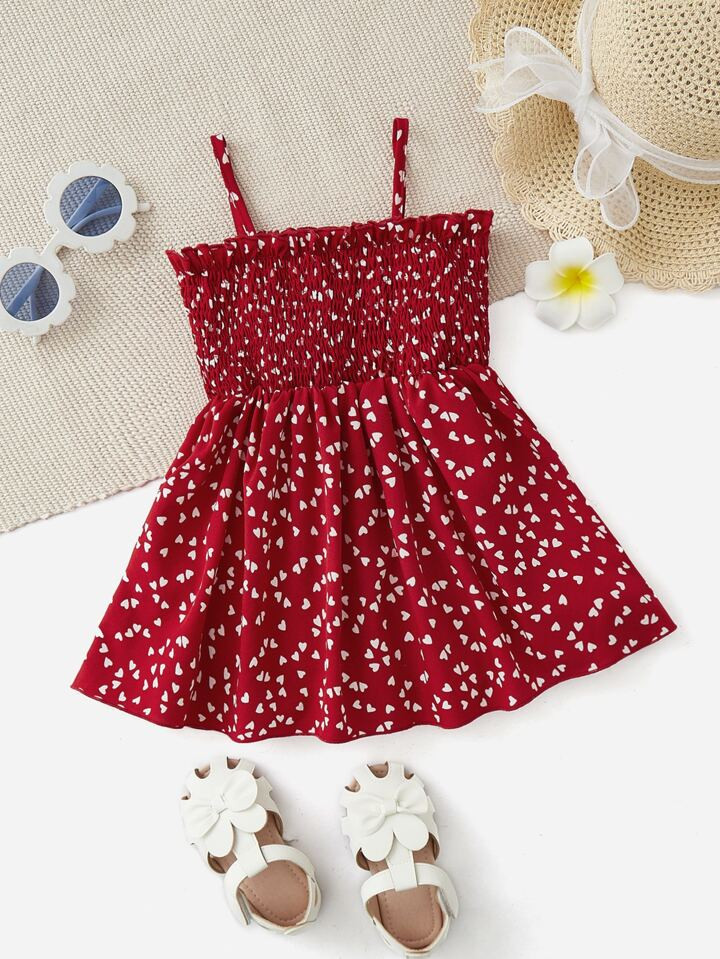 SHEIN Baby Confetti Heart Print Shirred Frill Trim Cami Dress | SHEIN