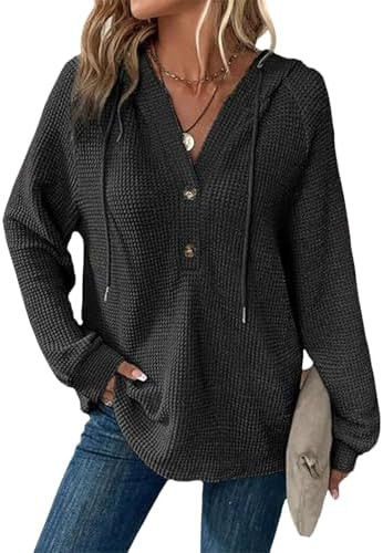 Hoodies for Women Comfortable Waffle Knit Long Sleeve Drawstring Button V Neck Casual Pullover Sw... | Amazon (US)