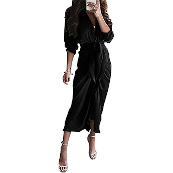 BTFBM Women 2023 Long Sleeve Lapel V Neck Button Down Satin Dress Belted Elegant Ruched Summer Fa... | Amazon (US)