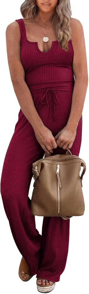 PRETTYGARDEN Women's Summer Casual Two Piece Outfits Sweatsuits Tank Scoop Neck Ribbed Knit Long ... | Amazon (US)