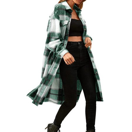 Aunavey Women s Lounge Lapel Button Up Long Sleeve Plaid Long Shirt Jacket Shacket | Walmart (US)