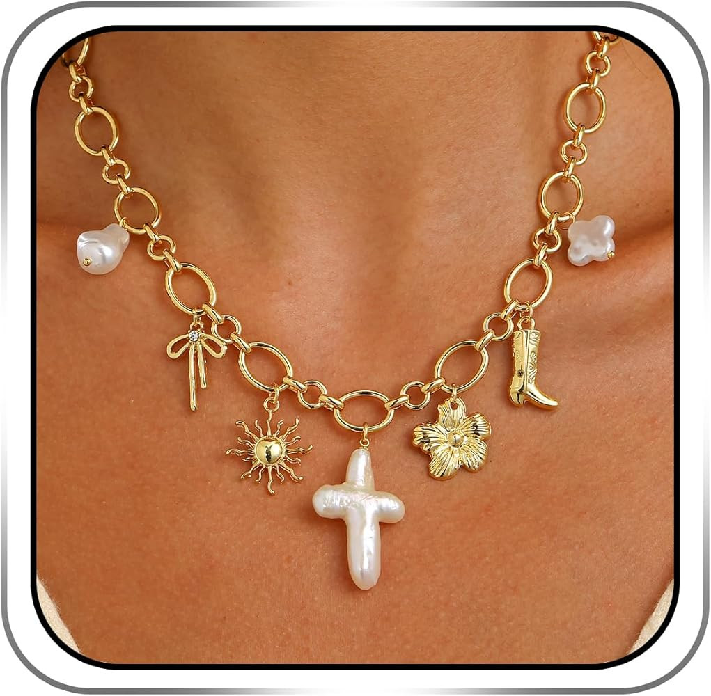 Chunky Charm Cross Pearl Necklace For Women Seashell Shell Starfish Beach Bow 14K Gold Plated Pen... | Amazon (US)