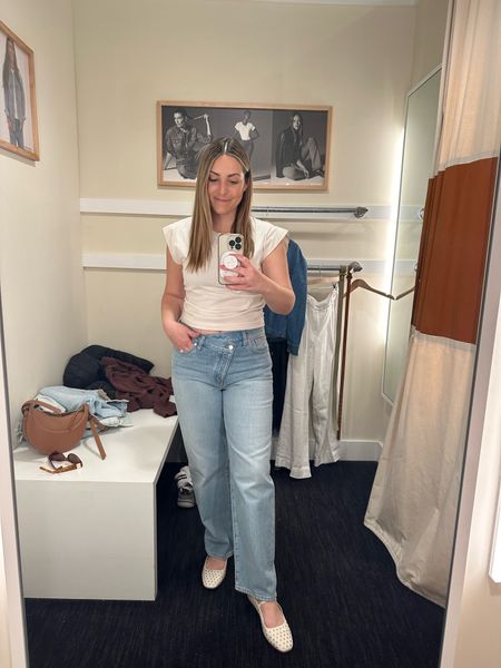 Madewell 25% off insider sale!  These three pieces are my fave.  Criss cross jeans, straight jeans, ivory tee, studded ballet flats #madewell #springoutfit

#LTKstyletip #LTKshoecrush #LTKsalealert