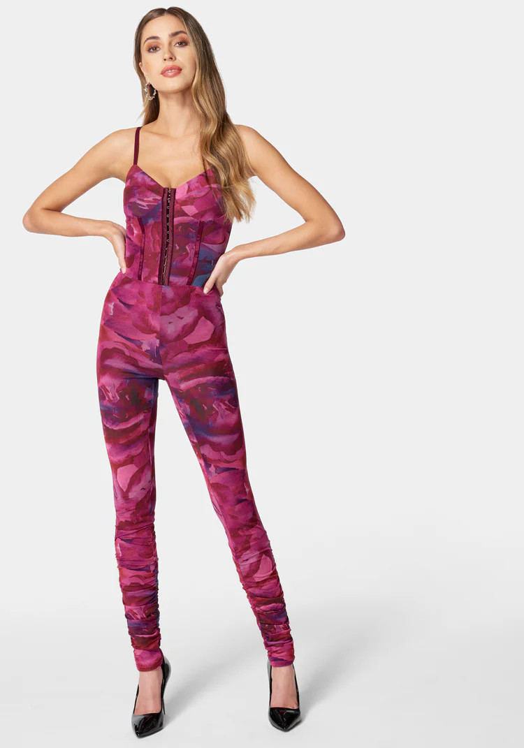 Printed Sleeveless Mesh Corset Jumpsuit | Bebe