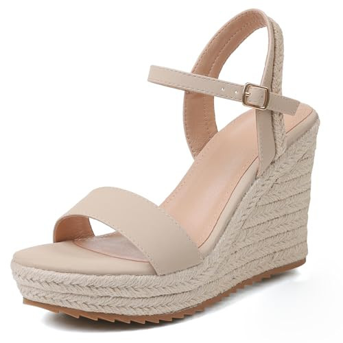 mikarka Women's Espadrille Wedge Sandals: Ankle Strap Platform Open Toe Wedges - Stylish High Heel Dressy Summer Wedges for Women, Inspired by Espadrilles Nude Nubuck Size 5.5 | Amazon (US)
