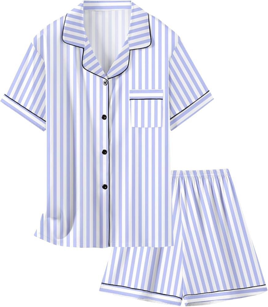 Schbbbta Girls & Women Satin Pajamas Set, 2Pj Silk Nightwear Button-Down Sleepwear for Teen Kid, ... | Amazon (US)