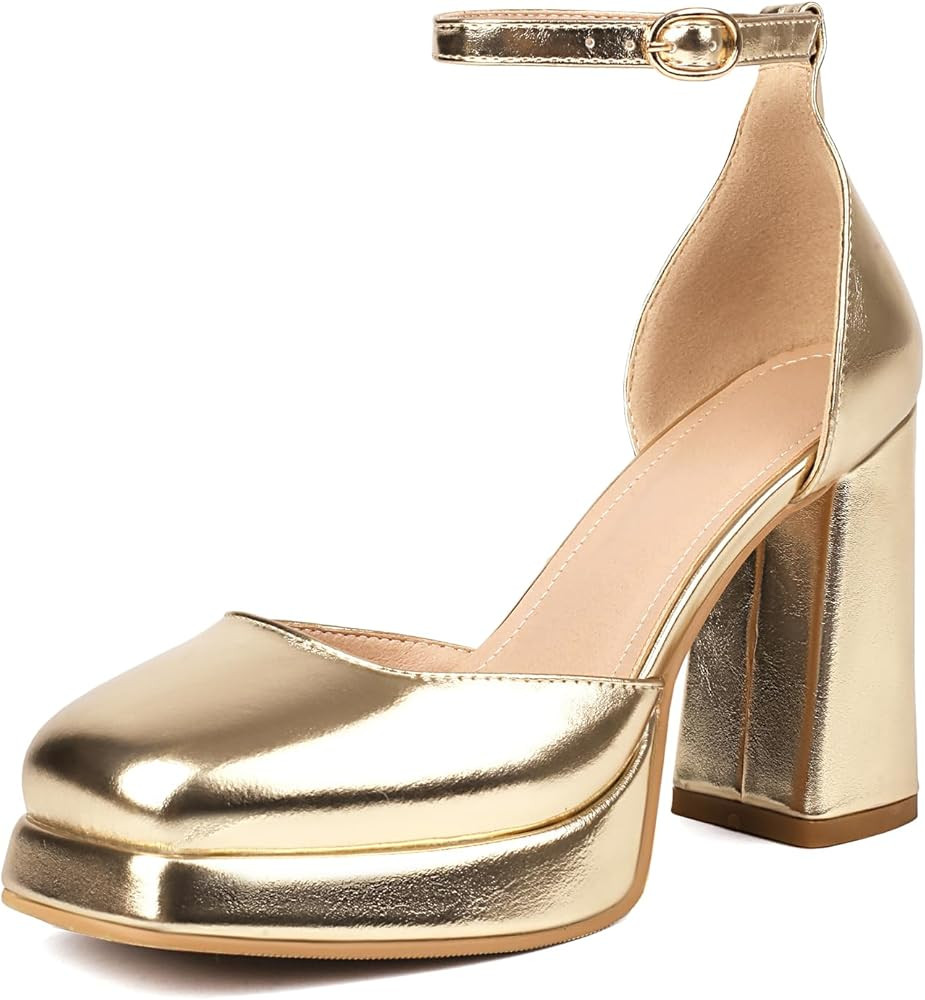 XIEDA Women's Closed Toe Platform Chunky High Block Satin Heels 4 Inch Ankle Strap Party Prom Dre... | Amazon (US)
