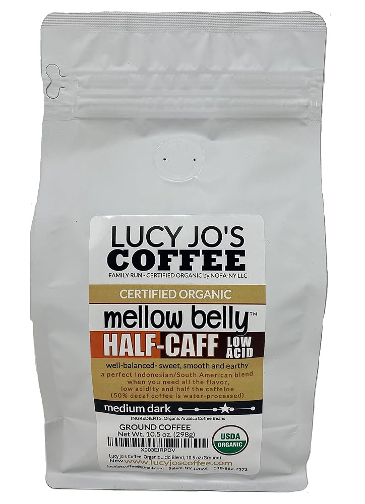 Lucy Jo's Coffee, Organic Mellow Belly Half-Caff Low Acid Blend, Medium Dark, 10.5 oz (Ground) | Amazon (US)