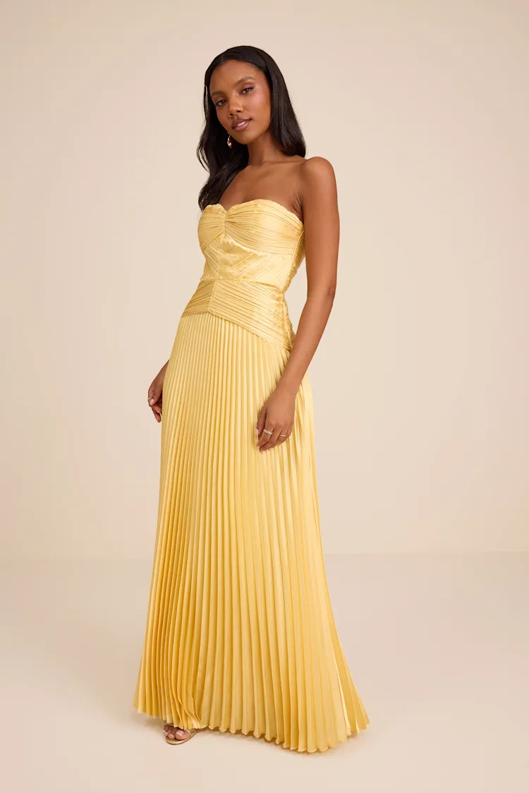 Elkay Yellow Pleated Satin Drop Waist Maxi Dress | Lulus