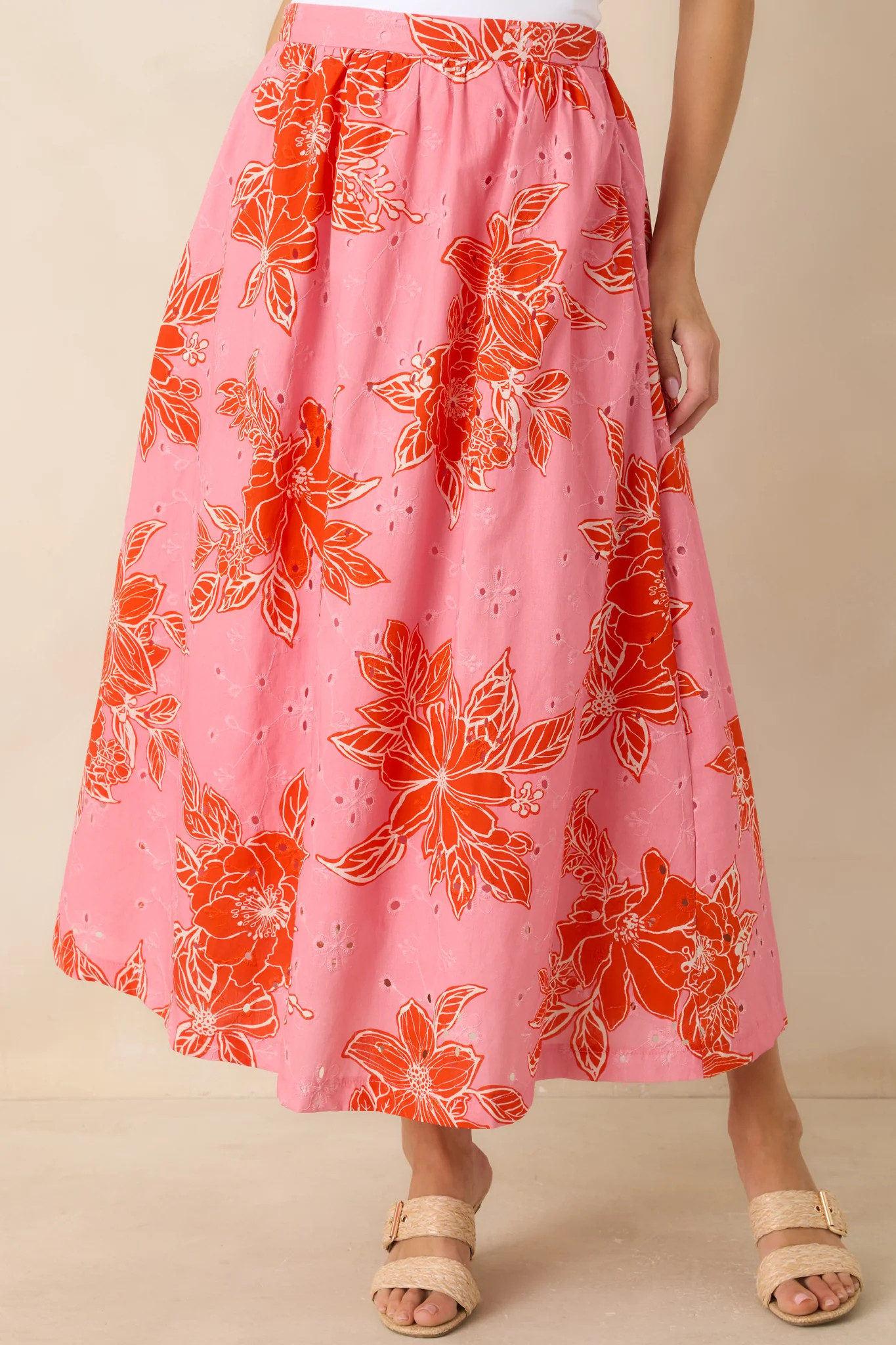 Just One of Those Days Pink & Red Floral Cotton Maxi Skirt | Red Dress