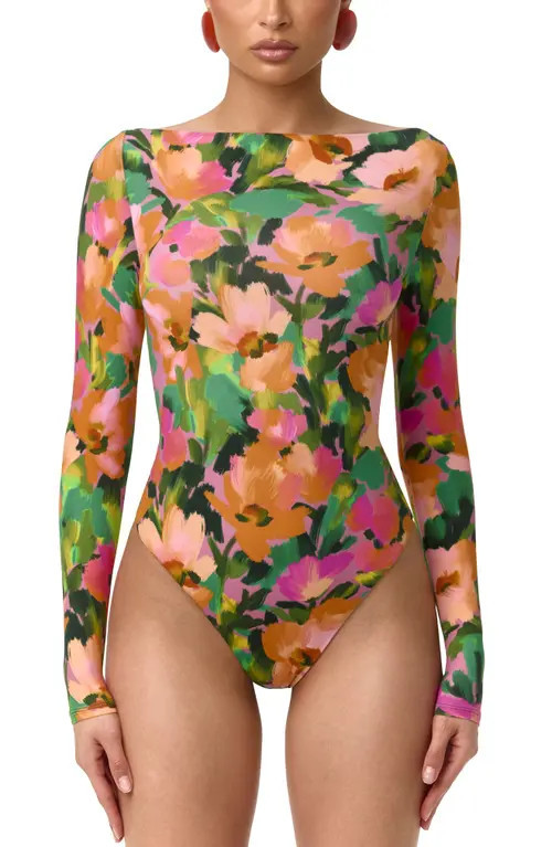 Naked Wardrobe Naked Floral Long Sleeve Bodysuit in Secret Garden at Nordstrom, Size Small | Nordstrom