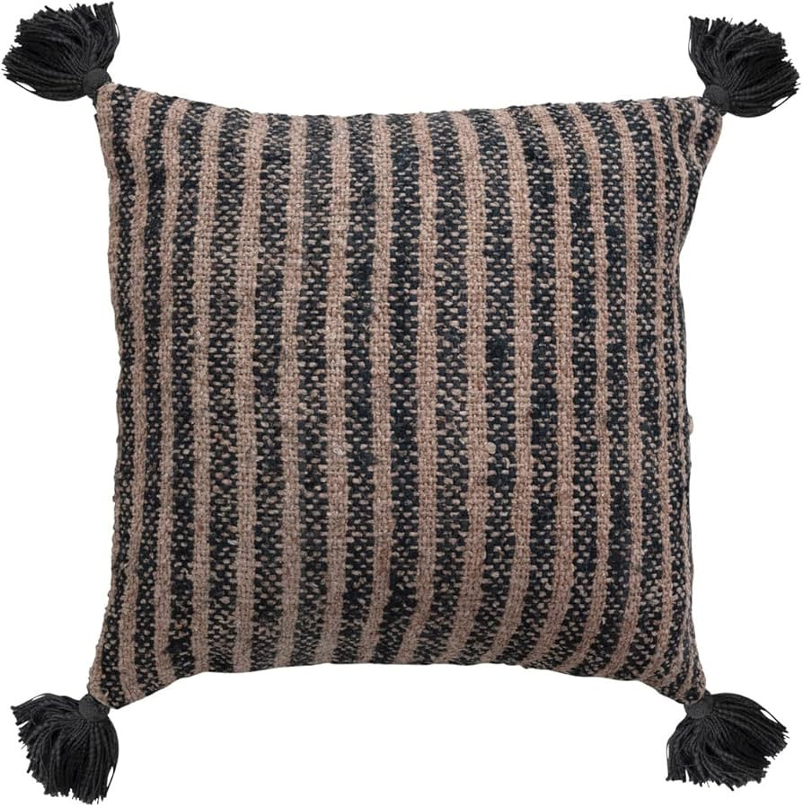 Bloomingville Woven Cotton Stripes and Tassels Pillow, 18" L x 18" W x 1" H, Black | Amazon (US)