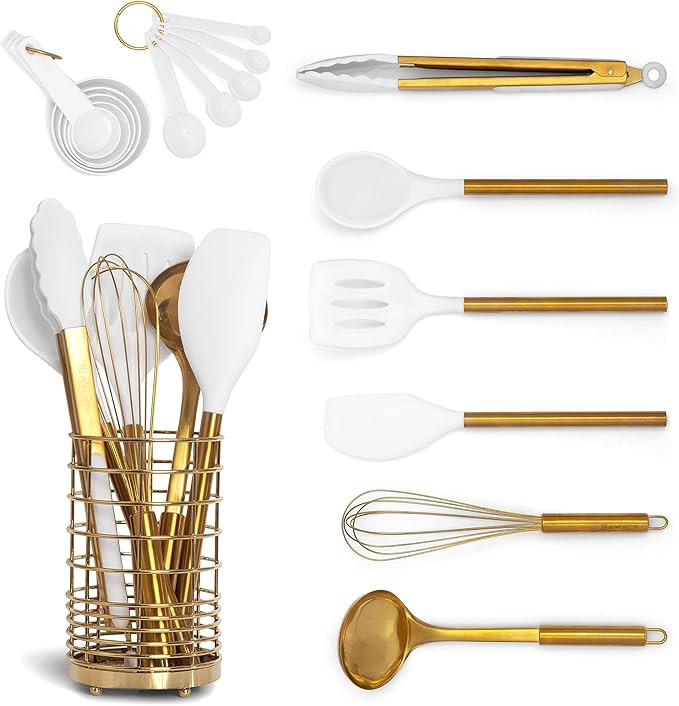 White Silicone and Gold Cooking Utensils Set with Gold Utensil Holder: 17PC Set Includes White & ... | Amazon (US)
