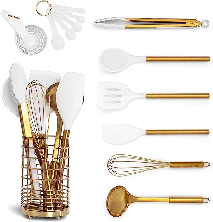 Gold Kitchen Utensils with Holder - 17PC White & Gold Cooking Utensils Set Includes Gold Utensil ... | Amazon (US)