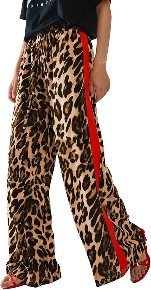 Women's Casual Pants Drawstring Leopard Print Color Block Side Striped Straight Leg Wide Leg Loos... | Amazon (US)