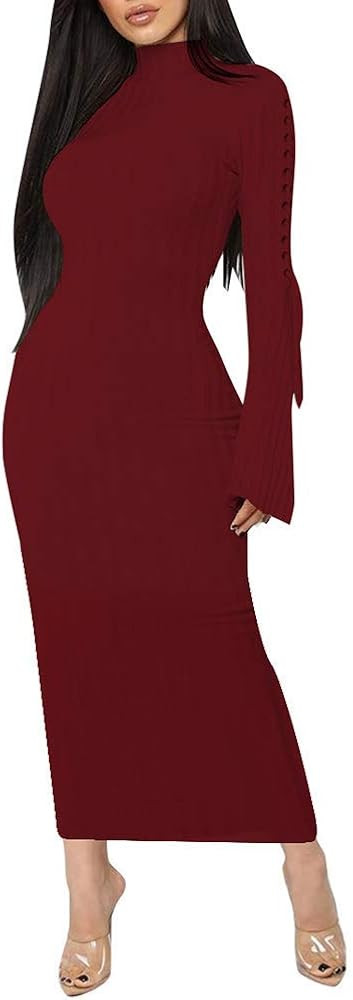 OLUOLIN Women Bandage Bell Long Sleeve Ribbed Lace Up High Neck Bodycon Club Party Midi Dress | Amazon (US)