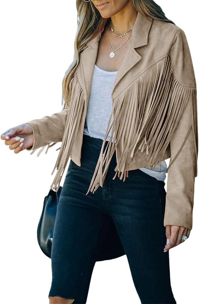 Women Vintage Faux Suede Tassel Cropped Jacket Long Sleeve Fringe Coat Hippie Motorcycle Biker Ja... | Amazon (US)
