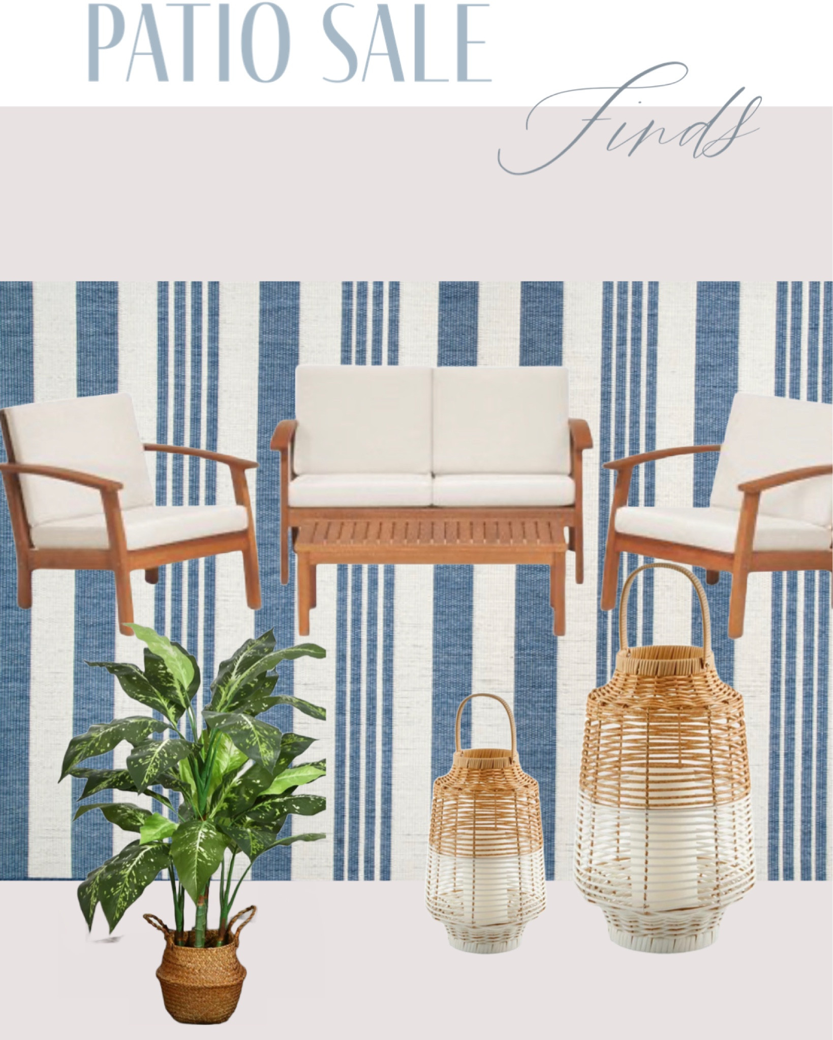 Light teak wood outdoor furniture set, blue and white striped outdoor rug, coastal outdoor furniture 

#LTKFind #LTKSeasonal #LTKhome