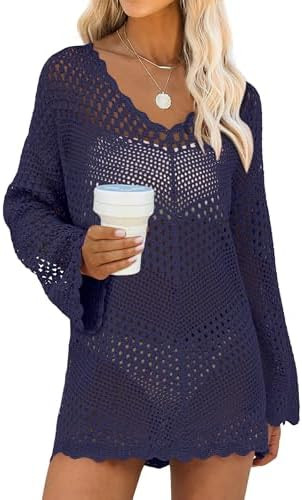 ANRABESS Swimsuit Cover Up for Women Crochet Bathing Suit Summer Swimwear V Neck Mesh Knit Dress ... | Amazon (US)