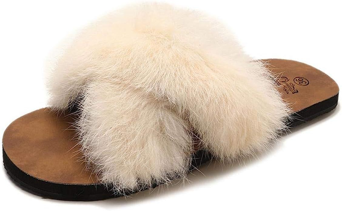 Women Fuzzy Cross Band Soft Rubber Plush Fleece Open Toe Slip On Sandals | Amazon (US)