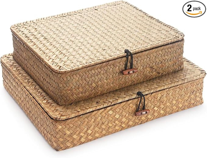 Seagrass Storage Baskets with Lid, Flat Wicker Basket, Rattan Storage Bins, Shallow Woven Basket ... | Amazon (US)