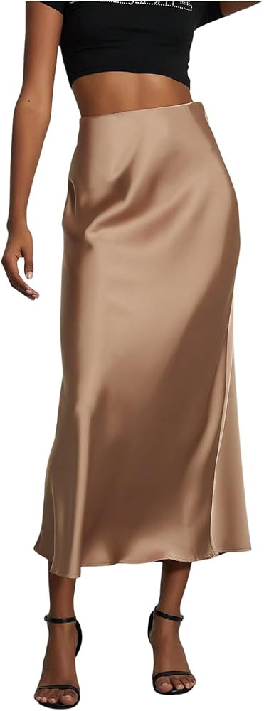 SOLY HUX Women's Elegant Satin Skirts High Waisted Flared Casual Work Office Fishtail Midi Skirt | Amazon (US)