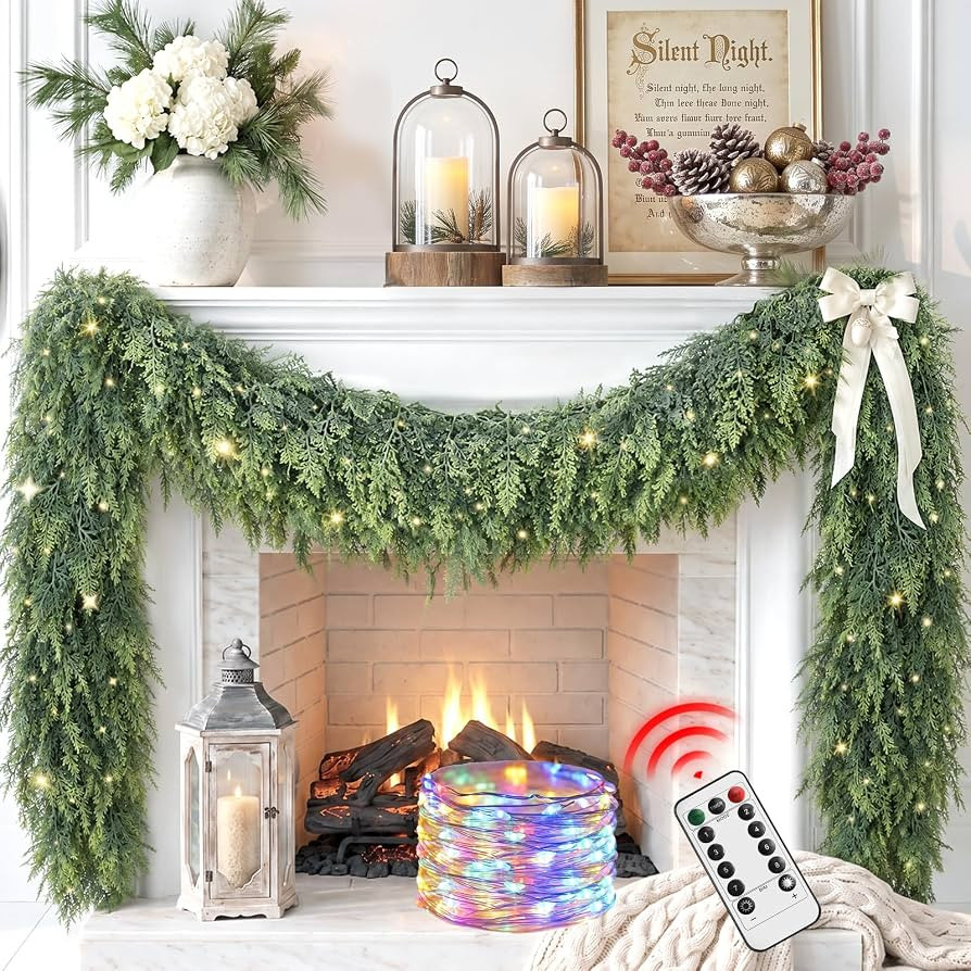 9Ft Prelit Real Touch Cedar Christmas Garland with Lights for Mantle Decor | Amazon (US)