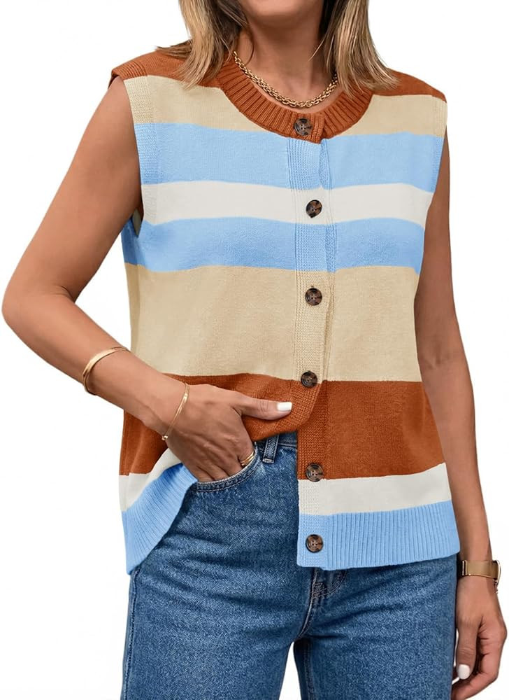 Tankaneo Womens Color Block Striped Sweater Vest Tops Summer Casual Button Up Knit Sleeveless Car... | Amazon (US)