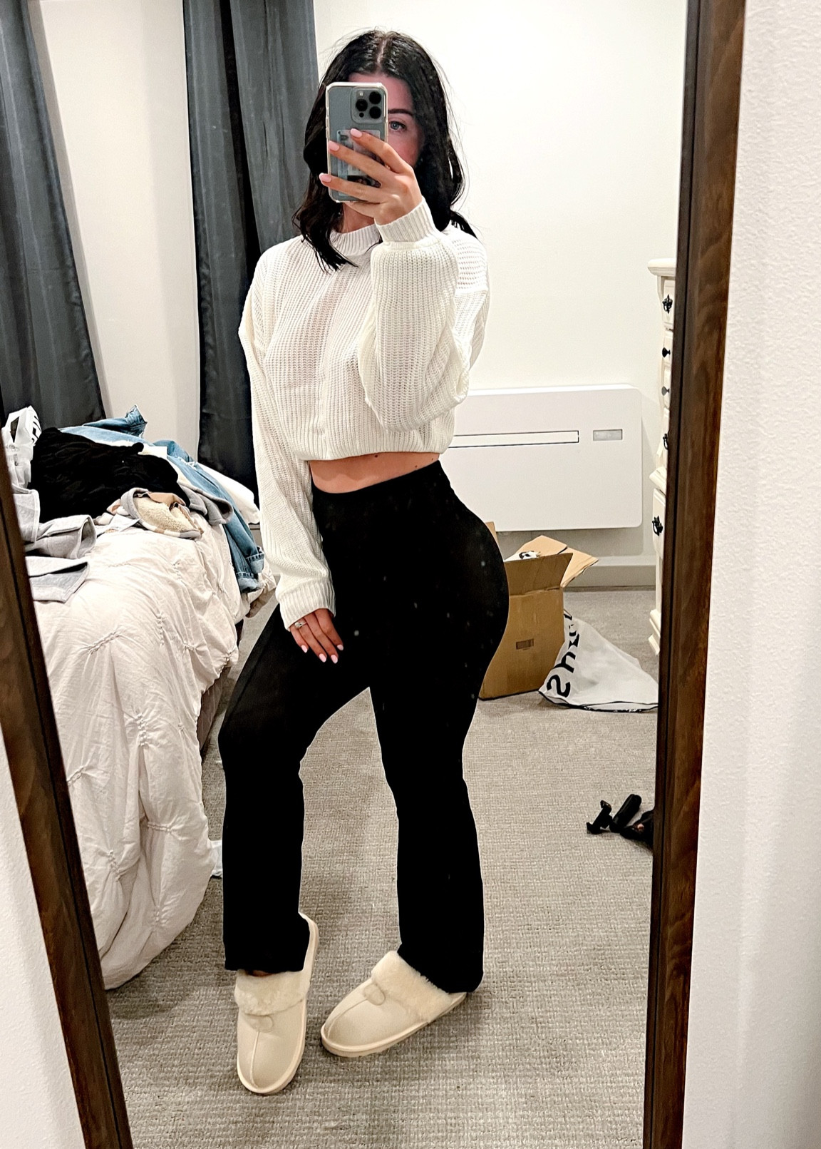 Fall fashion | flare leg yoga pants | flares | black leggings / ugg slippers | winter fur booties | white sweater

#LTKfindsunder50 #LTKHoliday