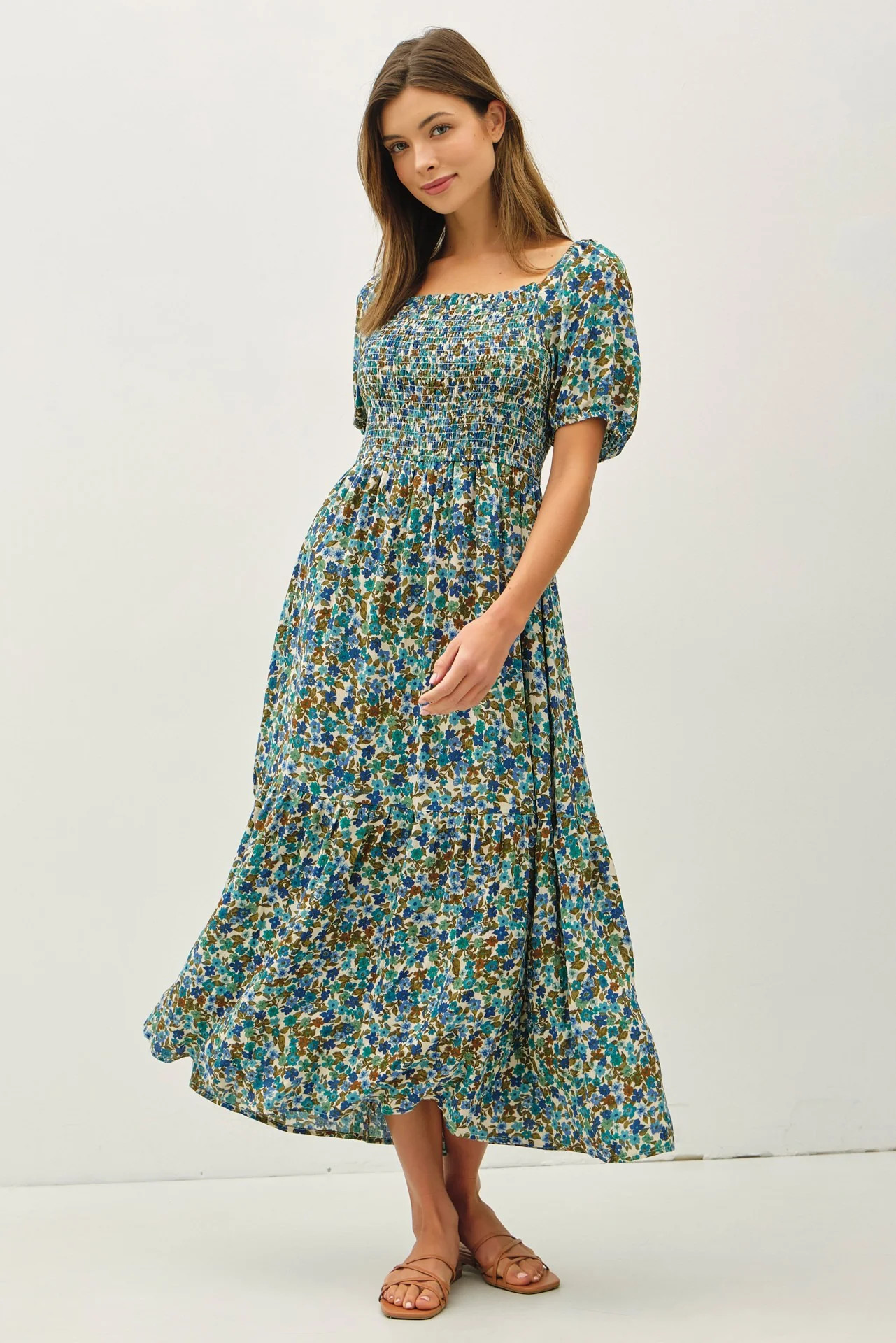 Blue Floral Smocked Tiered Midi Dress | PinkBlush Maternity