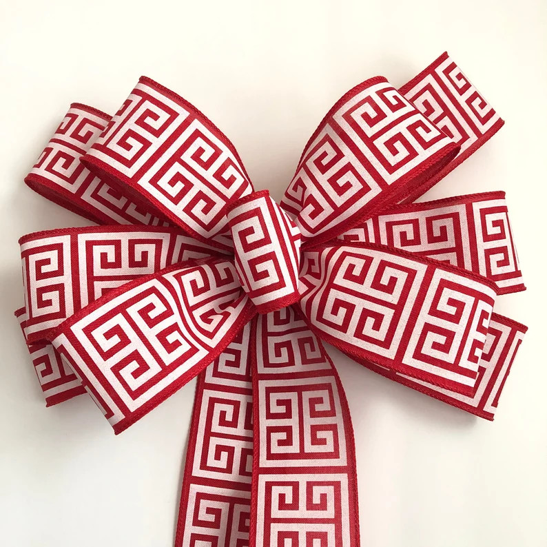 Red and White Wreath Bow / Greek Key Ribbon / Christmas - Etsy | Etsy (US)
