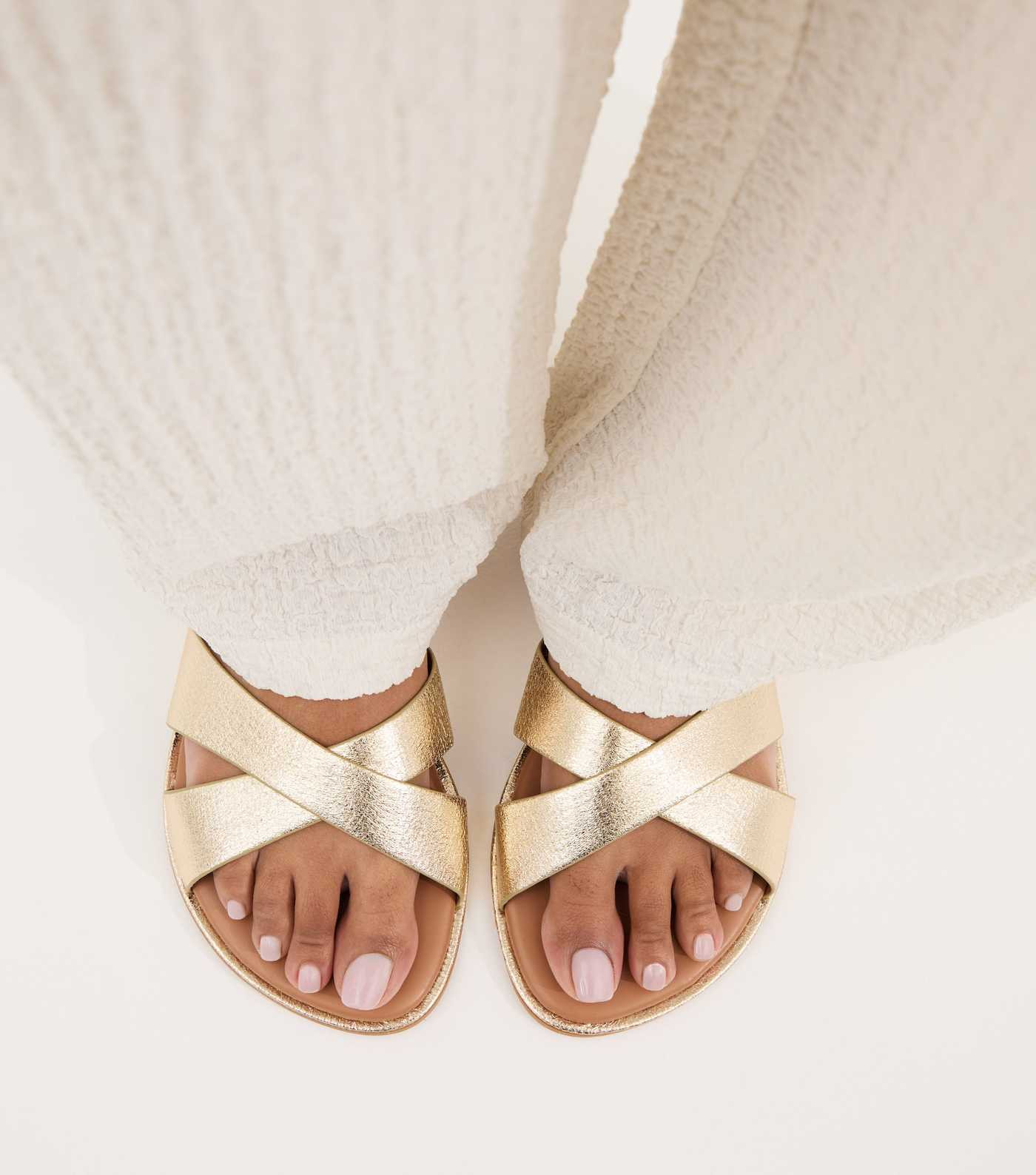 Wide Fit Gold Faux Leather Crossover Mule Sandals | New Look | New Look (UK)
