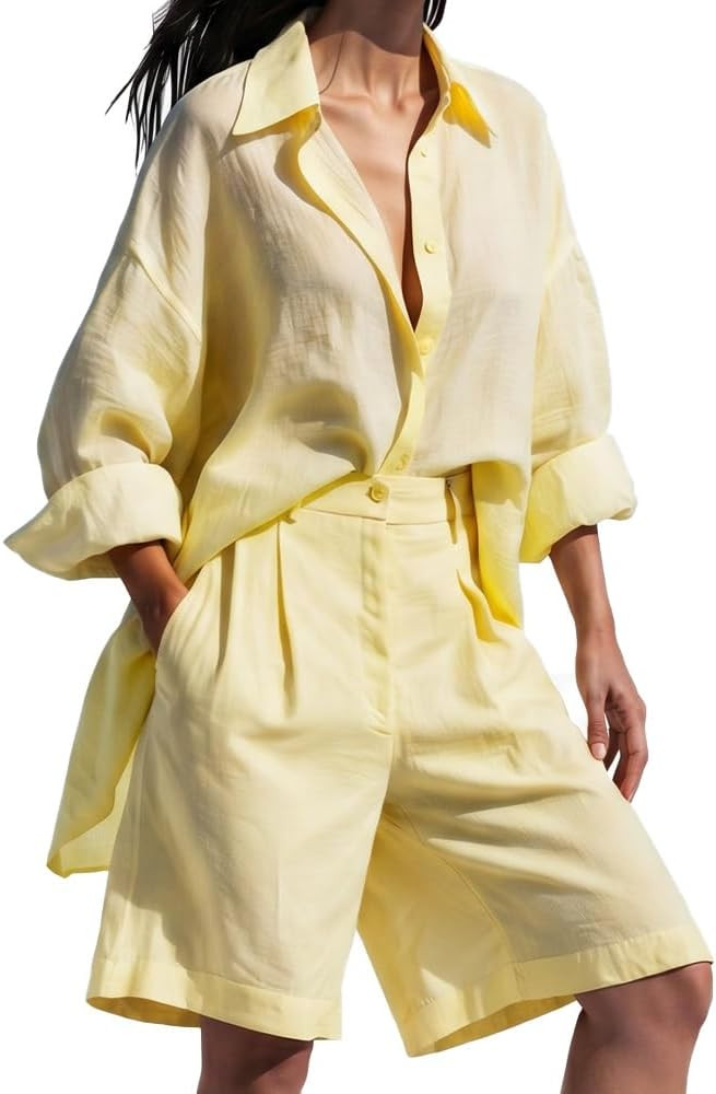 2 Piece Linen Short Set for Women Summer Outfits Long Sleeve Button Down Blouse and Shorts Sets | Amazon (US)