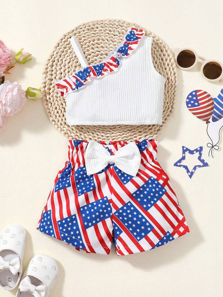 Newborn Baby Girls' Sleeveless Sleeveless Top & Star Printed Bow Decor Shorts Set, Independence D... | SHEIN