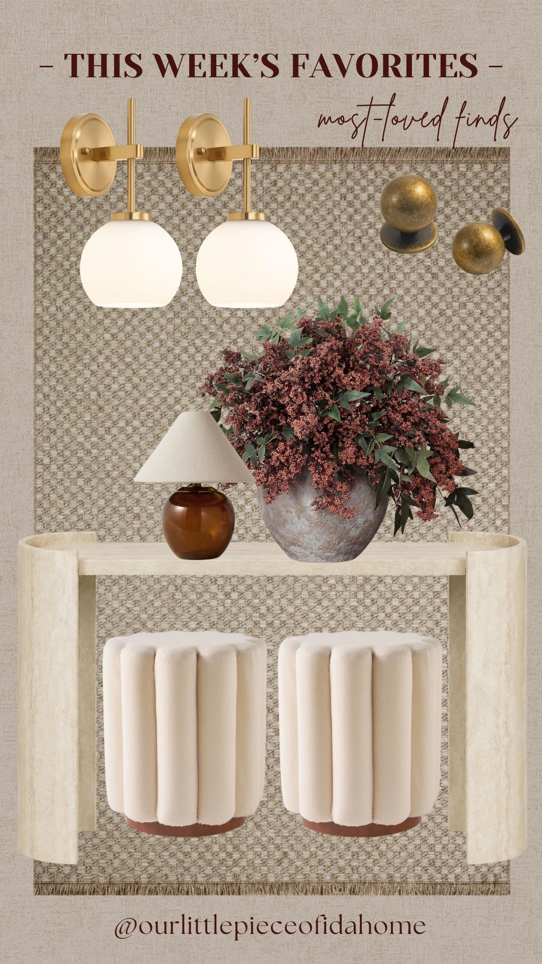 This week’s most-loved finds are all about warm, layered details. From the sculptural sconces and textured rug to the rich berry arrangement, soft ottomans, and travertine-inspired console, these pieces create that relaxed, elevated look I’m always drawn to.

I linked all the finds so you can shop the pieces and bring a similar warm, collected feel into your home.

#LTKU #LTKHome #LTKSaleAlert