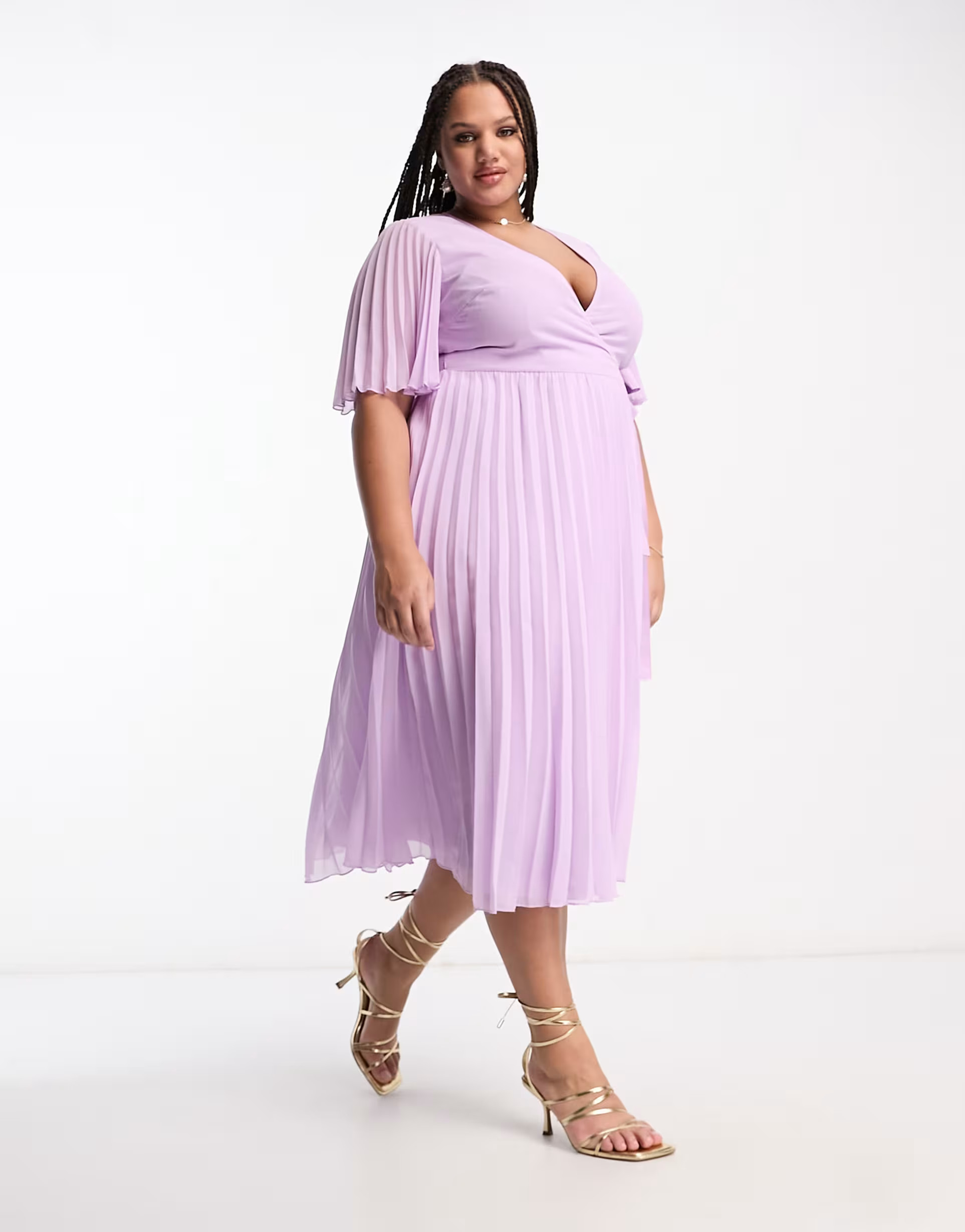 ASOS DESIGN Curve exclusive pleated midi dress with kimono sleeve and tie waist in lilac | ASOS (Global)